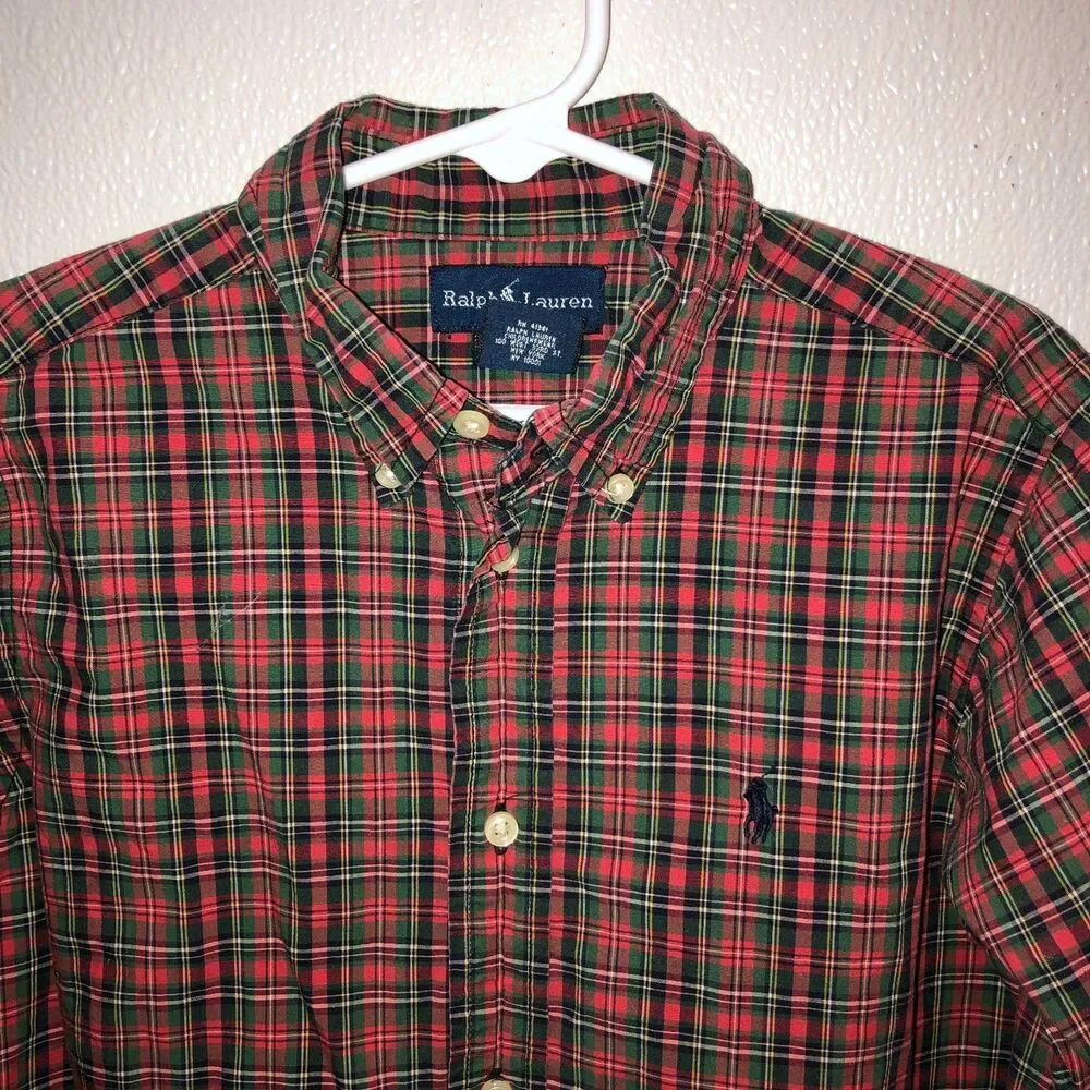 Ralph Lauren Boys Size 7 Red Green Plaid Button-Up Shirt Top Christmas Holiday